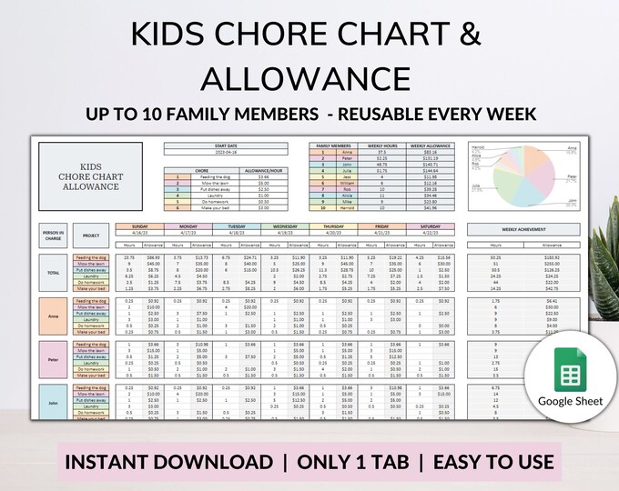 Printable Chore Chart Google Sheet Excel Template Planner, Family Chore ...