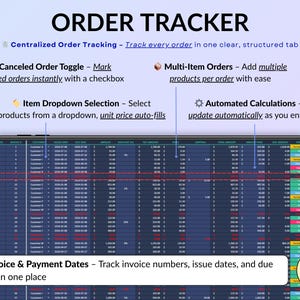 Ultimate Small Business Bundle in dark mode with 4 spreadsheets for Google Sheets and Excel including bookkeeping, inventory tracker, order tracker, pricing calculator, and smart bill calendar. Perfect for small business and handmade sellers to track income, expenses, sales taxes, inventory, customers, product pricing, invoices, profit, and bills in one complete business spreadsheet bundle. Can use for multiple years!