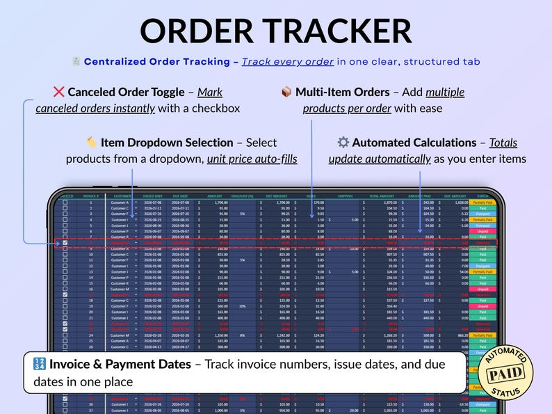 Ultimate Small Business Bundle in dark mode with 4 spreadsheets for Google Sheets and Excel including bookkeeping, inventory tracker, order tracker, pricing calculator, and smart bill calendar. Perfect for small business and handmade sellers to track income, expenses, sales taxes, inventory, customers, product pricing, invoices, profit, and bills in one complete business spreadsheet bundle. Can use for multiple years!