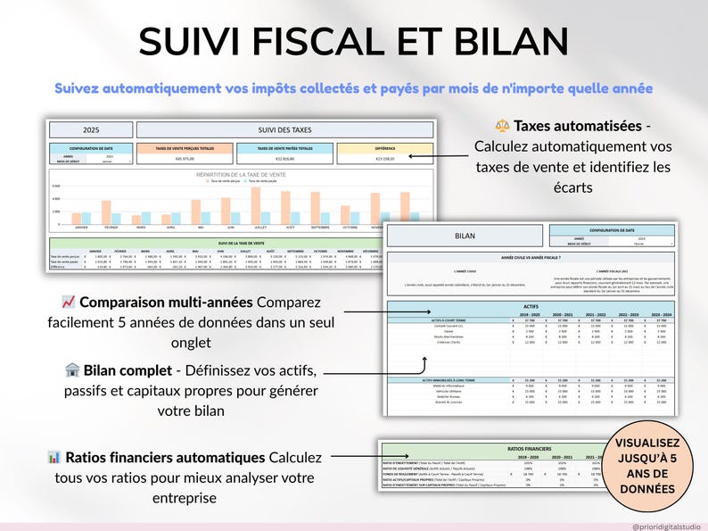 Tableur de comptabilité pour petites entreprises, modèle Excel et Google Sheets pour suivi des revenus, dépenses, profits, taxes et kilométrage. Planificateur financier intelligent, tableau de bord mensuel, trimestriel et annuel, suivi des transactions récurrentes. Idéal pour PME et entrepreneurs, gestion facile et efficace de la comptabilité, suivi des finances, modèle numérique tout-en-un pour petites entreprises et business.