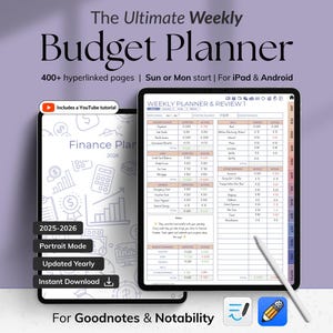 May include: Digital budget planner displayed on two tablets. The text reads "The Ultimate Weekly Budget Planner" with features like 400+ hyperlinked pages and a YouTube tutorial. Includes a finance plan for 2026, portrait mode, and yearly updates.