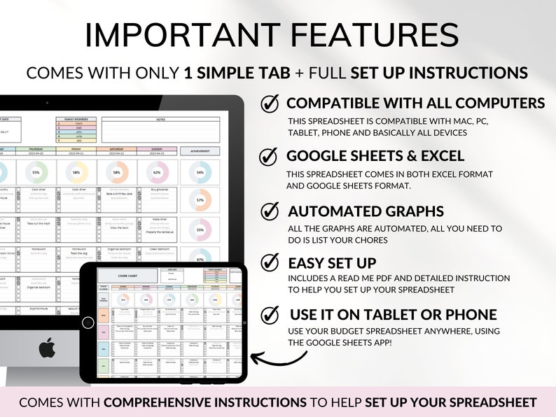 Family Chore Chart Google Sheets Excel Template Planner, Family Chore Cart Weekly Calendar, Cleaning Checklist, Daily Chore Chart for Kids