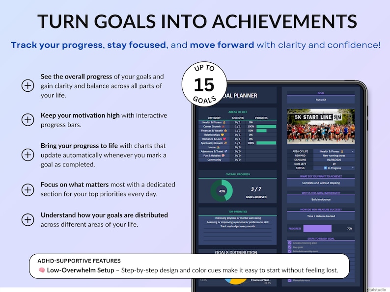 Goal Planner dark mode spreadsheet in Google Sheets and Excel showing annual goal tracking dashboard with life areas, progress bars, deadlines, rewards, action steps, reflection questions, priority goals, and visual charts. Easy goal setting planner for New Year’s resolutions, yearly, quarterly, and monthly planning with automated progress tracking and visual goal overview for 2026. Reuse every single year!
