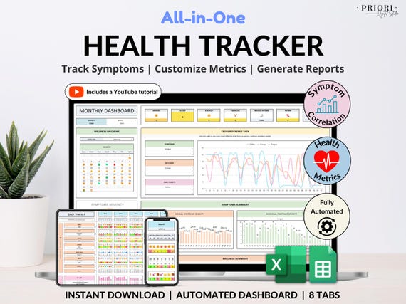 Health Wellness Tracker Spreadsheet Google Sheets Chronic Illness Symptom Log Daily Mental Health Journal Pain Tracker Excel Medical Binder