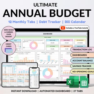 Foglio di calcolo del budget annuale definitivo Tracker del budget mensile Pianificatore finanziario di coppia Tracker delle bollette Tracker del debito Risparmi Excel Fogli Google
