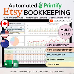 Etsy Seller Bookkeeping Spreadsheet POD Small Business Planner Income Expense Profit Tracker Google Sheets Excel Printify Profit Tax Tracker