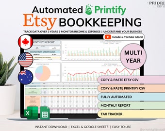 Spreadsheet boekhouding Etsy-verkoper POD planner voor kleine bedrijven Inkomsten en uitgaven Winsttracker Google Spreadsheets Excel Printify Winstbelastingtracker