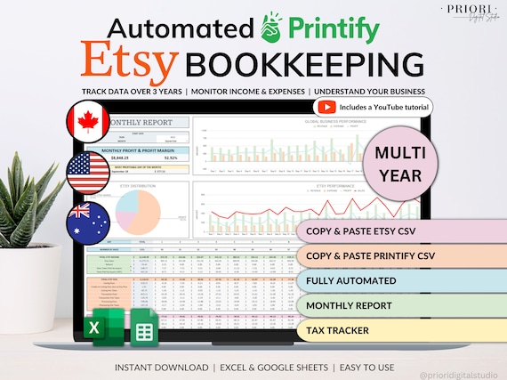 Etsy Seller Bookkeeping Spreadsheet POD Small Business Planner Income Expense Profit Tracker Google Sheets Excel Printify Profit Tax Tracker