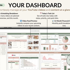 A complete YouTube creator planner in Excel and Google Sheets. Includes brand identity, goals, dashboard, monthly and weekly calendars, video content planning, 30-day schedule, collaboration tracker, and finance hub. Perfect for YouTubers, vloggers, and social media content creators to stay organized, plan videos, track progress, and grow their channel with a clear content strategy and planner system.
