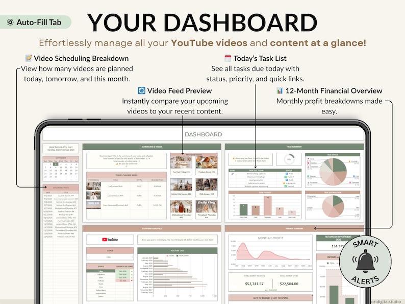 A complete YouTube creator planner in Excel and Google Sheets. Includes brand identity, goals, dashboard, monthly and weekly calendars, video content planning, 30-day schedule, collaboration tracker, and finance hub. Perfect for YouTubers, vloggers, and social media content creators to stay organized, plan videos, track progress, and grow their channel with a clear content strategy and planner system.