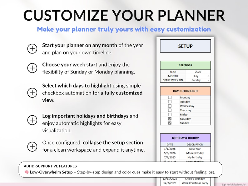 Year at a Glance Planner Spreadsheet for Google Sheets and Excel, undated yearly overview with monthly calendars, event tracker, birthdays, holidays, and tasks. Perfect for planning 2026, tracking important dates, staying organized, and managing goals throughout the year with an easy-to-use digital spreadsheet. Start anytime and reuse year after year!