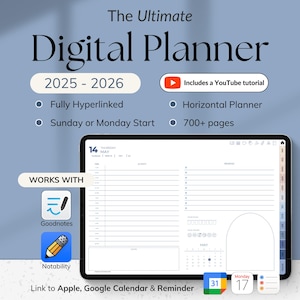 May include: Digital planner for 2025-2026, fully hyperlinked, with a horizontal layout and over 700 pages. Includes a YouTube tutorial. Works with Goodnotes and Notability. Link to Apple, Google Calendar & Reminder. The Ultimate Digital Planner.