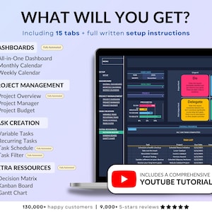 Project Management Spreadsheet for Excel and Google Sheets in dark mode designed for small businesses, teams, and freelancers. Includes dashboards, recurring tasks, Gantt chart, Kanban board, Eisenhower matrix, task tracker, project timeline, and schedule templates