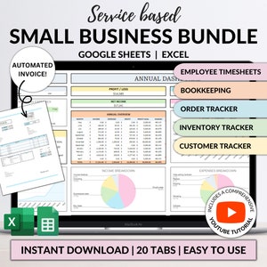 May include: A laptop screen displaying a Google Sheets spreadsheet with a colourful dashboard for a small business. The spreadsheet includes tabs for annual overview, profit/loss, income breakdown, expenses breakdown, employee timesheets, bookkeeping, order tracker, inventory tracker, and customer tracker. The spreadsheet is labelled "Service based SMALL BUSINESS BUNDLE" and includes an automated invoice template. The image also includes a play button for a YouTube tutorial.