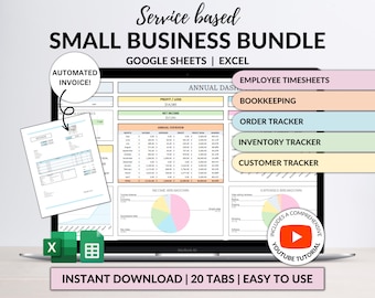 May include: A laptop screen displaying a Google Sheets spreadsheet with a colorful dashboard for a small business. The spreadsheet includes tabs for annual overview, profit/loss, income breakdown, expenses breakdown, employee timesheets, bookkeeping, order tracker, inventory tracker, and customer tracker. The spreadsheet is labeled "Service based SMALL BUSINESS BUNDLE" and includes an automated invoice template. The image also includes a play button for a YouTube tutorial.