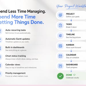 Project Management Spreadsheet for Excel and Google Sheets designed for small businesses, teams, and freelancers. Includes dashboards, recurring tasks, Gantt chart, Kanban board, Eisenhower matrix, task tracker, project timeline, and schedule templates