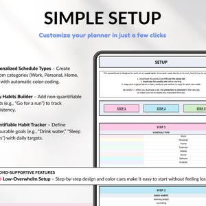 Perfect weekly planner with 1-week view including weekly and daily sections. ADHD weekly planner, time block planner, to do list, goal planner, habit tracker, and productivity planner. Works with Google Sheets and Excel. Ideal for organizing tasks, scheduling your week, tracking goals, and managing personal, family, and work routines efficiently.