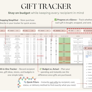 Holiday Gift Tracker Spreadsheet for Christmas budgeting and planning. Manage recipient names, gift ideas, stores, purchase links, and budgets in one dashboard. Track budget vs actual spending, see auto-updating charts, and monitor gift status bought, wrapped, and sent. Works with any currency and simplifies your holiday shopping with a clear all-in-one template.