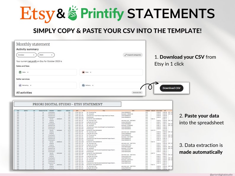 Etsy Seller Bookkeeping Spreadsheet POD Small Business Planner Income Expense Profit Tracker Google Sheets Excel Printify Profit Tax Tracker