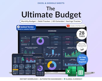Annual Budget Spreadsheet Excel Google Sheets Budget Template Monthly Budget Tracker Bill Debt Tracker Financial Planner Dark Mode Budget