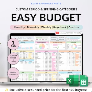 Easy Budget Planner for Google Sheets and Excel — an all-in-one paycheck budgeting spreadsheet designed to help you manage your weekly, biweekly, and monthly finances. Track income, expenses, bills, and savings goals effortlessly. Perfect for personal finance management, money tracking, and improving your financial planning with a clear, customizable budget template