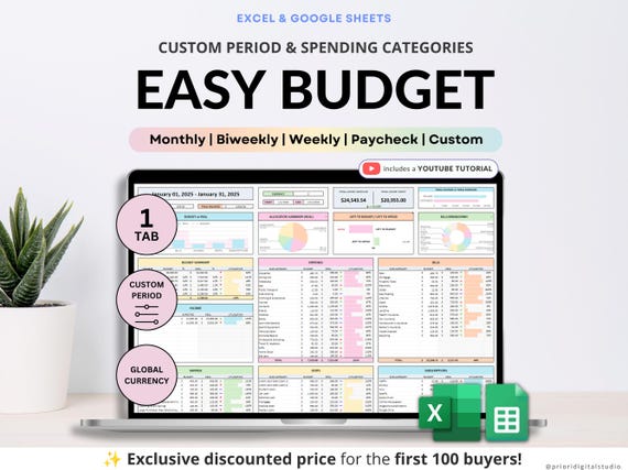 Budget Planner for Google Sheets Paycheck Budget Spreadsheet Excel Template Weekly Budget Biweekly Monthly Budget Income and Expense Tracker