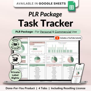 Könnte beinhalten: Ein Laptop mit einer "PLR Package Task Tracker"-Tabelle und einem Smartphone rechts daneben. Die Tabelle zeigt Diagramme in Grün und Weiß. Text enthält "Resell for Profit" und "Passive Income".