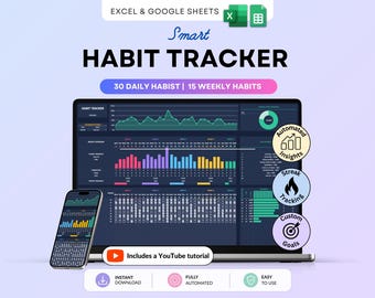 Foglio di calcolo per il monitoraggio delle abitudini Modalità scura Fogli Google Excel Pianificatore giornaliero delle abitudini Pianificatore settimanale degli obiettivi Dashboard della routine digitale Elenco delle cose da fare per le abitudini