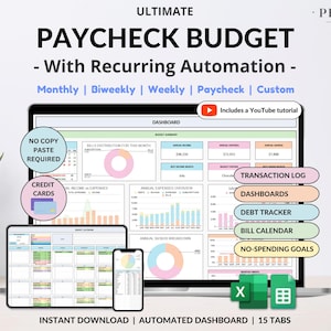 Paycheck Budget Spreadsheet Monthly Budget Weekly Budget Biweekly Debt Tracker Bill Tracker Financial Planner Excel Template Google Sheets