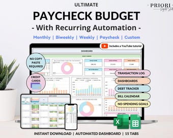 Paycheck Budget Spreadsheet Weekly Budget Monthly Budget Biweekly Bill Tracker Debt Tracker Financial Planner Google Sheets Excel Template