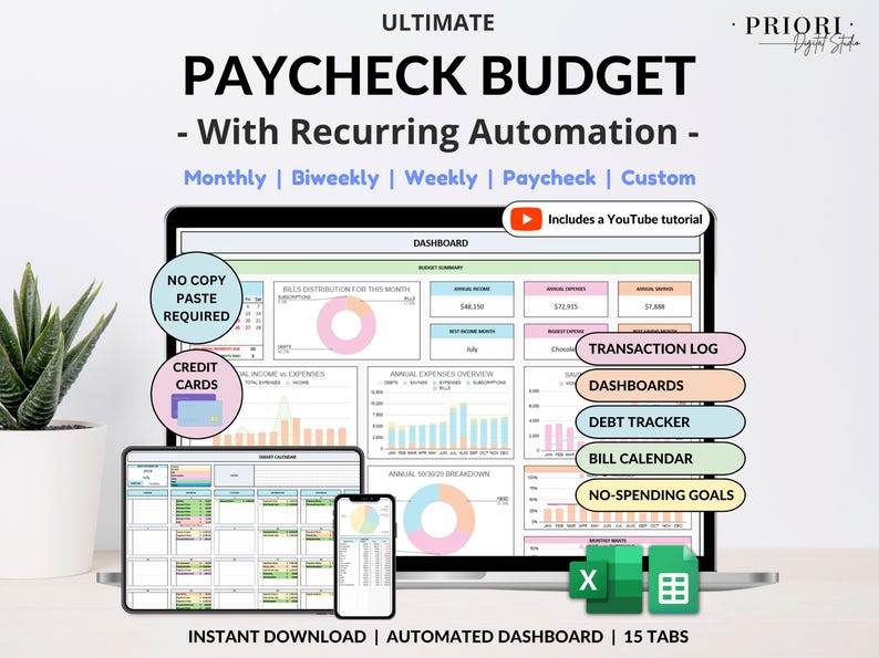 Paycheck Budget Spreadsheet Monthly Budget Weekly Budget Biweekly Debt Tracker Bill Tracker Financial Planner Excel Template Google Sheets