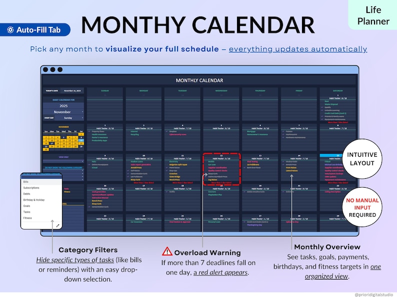 Ultimate Life Organizer Bundle for Excel and Google Sheets in dark mode, perfect for family and individual planning. Complete 2025, 2026, 2027 life planner with budget spreadsheet, habit tracker, task tracker, productivity planner, monthly and annual calendars, dashboards, goal tracking, meal planning, savings and debt tools, net worth and investment trackers. All-in-one digital planner for finance and daily organization. Reuse every year!