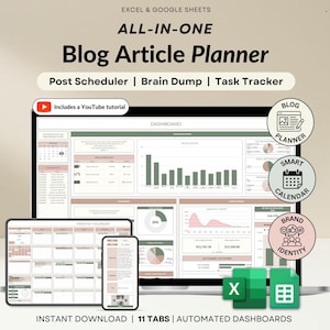 Puede incluir: Un planificador digital de artículos de blog que se muestra en una computadora portátil, una tableta y un teléfono. El planificador incluye funciones de programación de publicaciones, lluvia de ideas y seguimiento de tareas. La imagen también incluye el texto "Includes a YouTube tutorial".