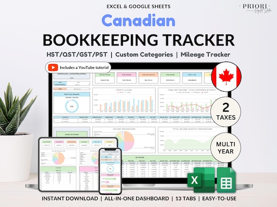 Canadian Bookkeeping Spreadsheet for Small Business Income Expense Tracker Tax Tracker Accounting Template Mileage Business Profit & Loss