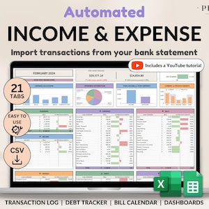 Op de afbeelding: Een laptopscherm dat een spreadsheet toont met de titel "Geautomatiseerde Inkomsten en Uitgaven". De spreadsheet heeft 21 tabbladen, waaronder een transactielogboek, een schuldenvolger, een factuurkalender en dashboards. De spreadsheet is ontworpen om gebruikers te helpen hun inkomsten en uitgaven bij te houden. De afbeelding bevat ook een YouTube-tutorial.