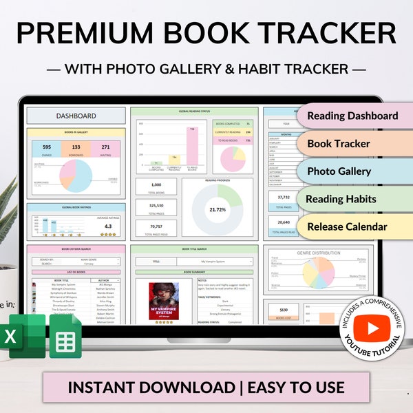 Boektracker en leeslijstplanner Google Spreadsheets Excel Reading Tracker Boekrecensie Spreadsheet-sjabloon Boekdagboek Cadeau voor boekenliefhebber