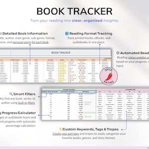 Premium book tracker spreadsheet for Google Sheets and Excel, designed as a digital reading journal, book planner, and personal book library. Track up to 5,000 books, manage reading lists, log book reviews, monitor reading habits, view automated charts and tables, and track book releases with an automated calendar. Beginner-friendly digital book tracker template for book lovers.