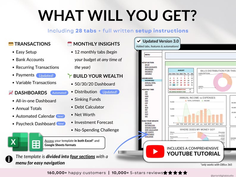 Ultimate Budget Spreadsheet Multicolored theme for Google Sheets & Excel – Annual and Monthly Budget Tracker with Bill, Debt & Savings Tracking. Includes recurring transactions, subscriptions, income, and expenses. Perfect personal finance planner for couples or families (up to 6 users). Start anytime and manage your money with ease.