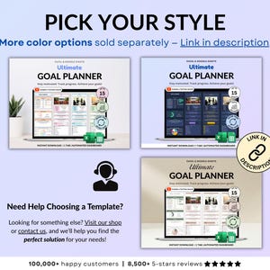 Goal Planner dark mode spreadsheet in Google Sheets and Excel showing annual goal tracking dashboard with life areas, progress bars, deadlines, rewards, action steps, reflection questions, priority goals, and visual charts. Easy goal setting planner for New Year’s resolutions, yearly, quarterly, and monthly planning with automated progress tracking and visual goal overview for 2026. Reuse every single year!