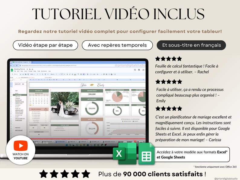 Planner de mariage numérique en français compatible Excel et Google Sheets. Suivi du budget, liste d'invités, plan de table, itinéraire, lune de miel, checklist de mariage, fiançailles, gestion des cadeaux et plus. Parfait pour planifier un mariage de A à Z. Téléchargement instantané, idéal pour les couples organisés. Outil tout-en-un pour mariage civil, religieux ou destination.