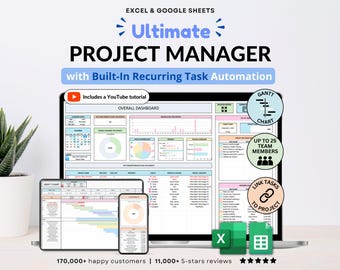 Hoja de cálculo de gestión de proyectos Excel Seguimiento de tareas de proyectos en equipo Hojas de cálculo de Google Planificador de proyectos Diagrama de Gantt Tablero Kanban Matriz de Eisenhower