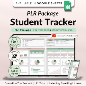 Könnte beinhalten: Ein Laptop zeigt ein "Student Tracker" Dashboard mit Diagrammen und Daten, zusammen mit einem Smartphone. Das Bild enthält Text: "PLR Package - For Personal & Commercial Use" und Symbole für Wiederverkauf, passives Einkommen und Private-Label-Rechte. Verfügbar in Google Sheets.