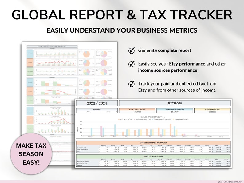 Etsy Seller Bookkeeping Spreadsheet POD Small Business Planner Income Expense Profit Tracker Google Sheets Excel Printify Profit Tax Tracker
