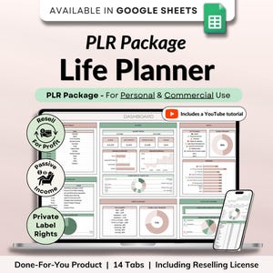 Könnte beinhalten: Ein digitales Produkt-Mockup eines Life Planners, dargestellt auf einem Laptop und Smartphone. Der Bildschirm zeigt ein Dashboard mit Diagrammen und Daten. Der Text enthält: "PLR Package - For Personal & Commercial Use" und "Done-For-You Product | 14 Tabs".