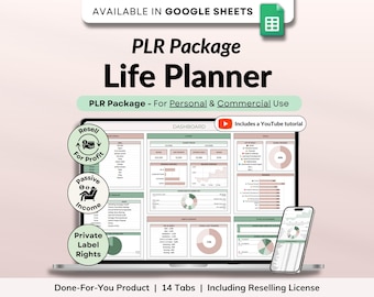 May include: A digital product mockup of a Life Planner, displayed on a laptop and smartphone. The screen shows a dashboard with charts and data. The image includes text: "PLR Package - For Personal & Commercial Use" and "Done-For-You Product | 14 Tabs".