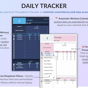 Workout Planner Spreadsheet for Google Sheets & Excel in dark mode featuring a Fitness Tracker, Exercise Log, Gym Planner, Weightlifting Log, Workout Calendar, and Weight Loss Tracker. Track sets, reps, weight, cardio workouts, and training progress with automated dashboards, workout analytics, exercise tracking, monthly calendar views, and yearly fitness reports. Perfect for gym training, Pilates, athletic training, health and wellness, and personal fitness goals.
