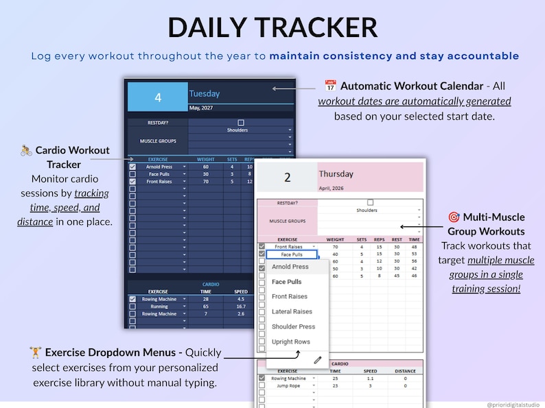 Workout Planner Spreadsheet for Google Sheets & Excel in dark mode featuring a Fitness Tracker, Exercise Log, Gym Planner, Weightlifting Log, Workout Calendar, and Weight Loss Tracker. Track sets, reps, weight, cardio workouts, and training progress with automated dashboards, workout analytics, exercise tracking, monthly calendar views, and yearly fitness reports. Perfect for gym training, Pilates, athletic training, health and wellness, and personal fitness goals.