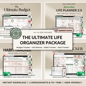 Puede incluir: El paquete Ultimate Life Organizer, un producto digital para Excel y Google Sheets. Incluye hojas de cálculo de presupuesto, planificador de vida, seguimiento de hábitos y seguimiento de tareas. Descarga instantánea.
