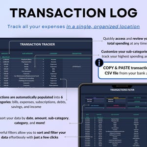 Income and Expense Tracker Spreadsheet in dark mode. Personal finance template for Google Sheets and Excel featuring transaction log, dashboards, annual totals, automated calendar, 12 monthly tabs, sinking funds, debt calculator, net worth tracker, and no-spend challenge.