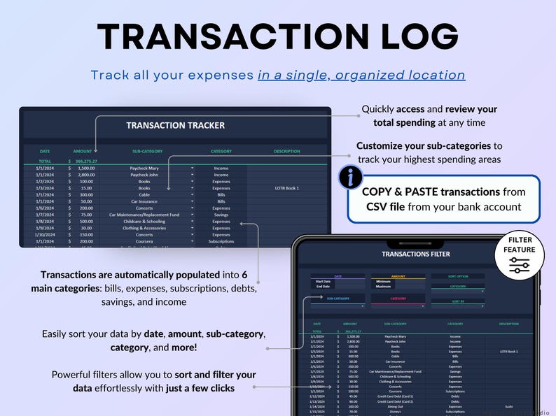 Income and Expense Tracker Spreadsheet in dark mode. Personal finance template for Google Sheets and Excel featuring transaction log, dashboards, annual totals, automated calendar, 12 monthly tabs, sinking funds, debt calculator, net worth tracker, and no-spend challenge.